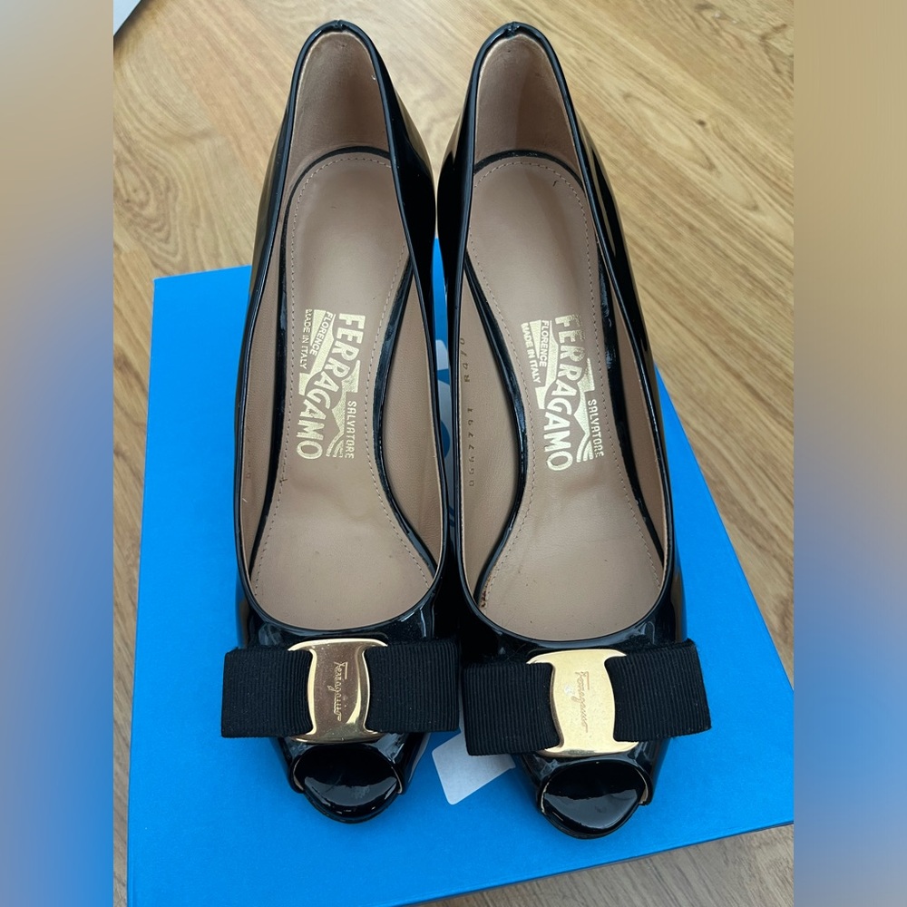 Authentic Salvatore Ferragamo Open Toe Patent Pumps